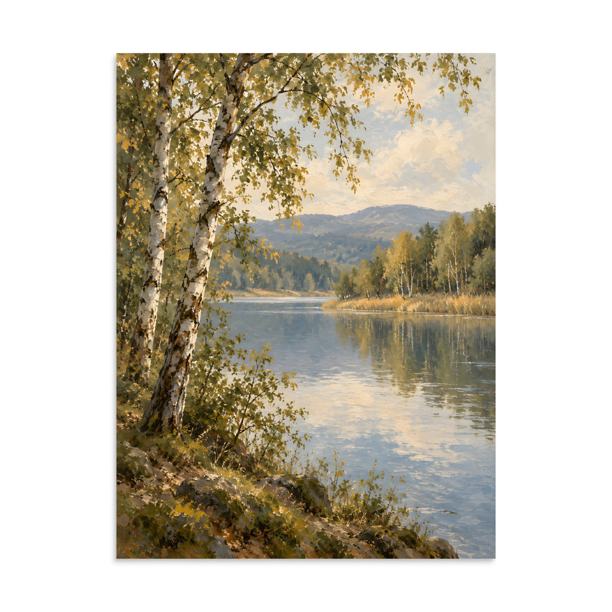 Birchwater Calm matte poster, 24 × 32 inches, depicting birch trees framing a quiet lake and golden foliage.
