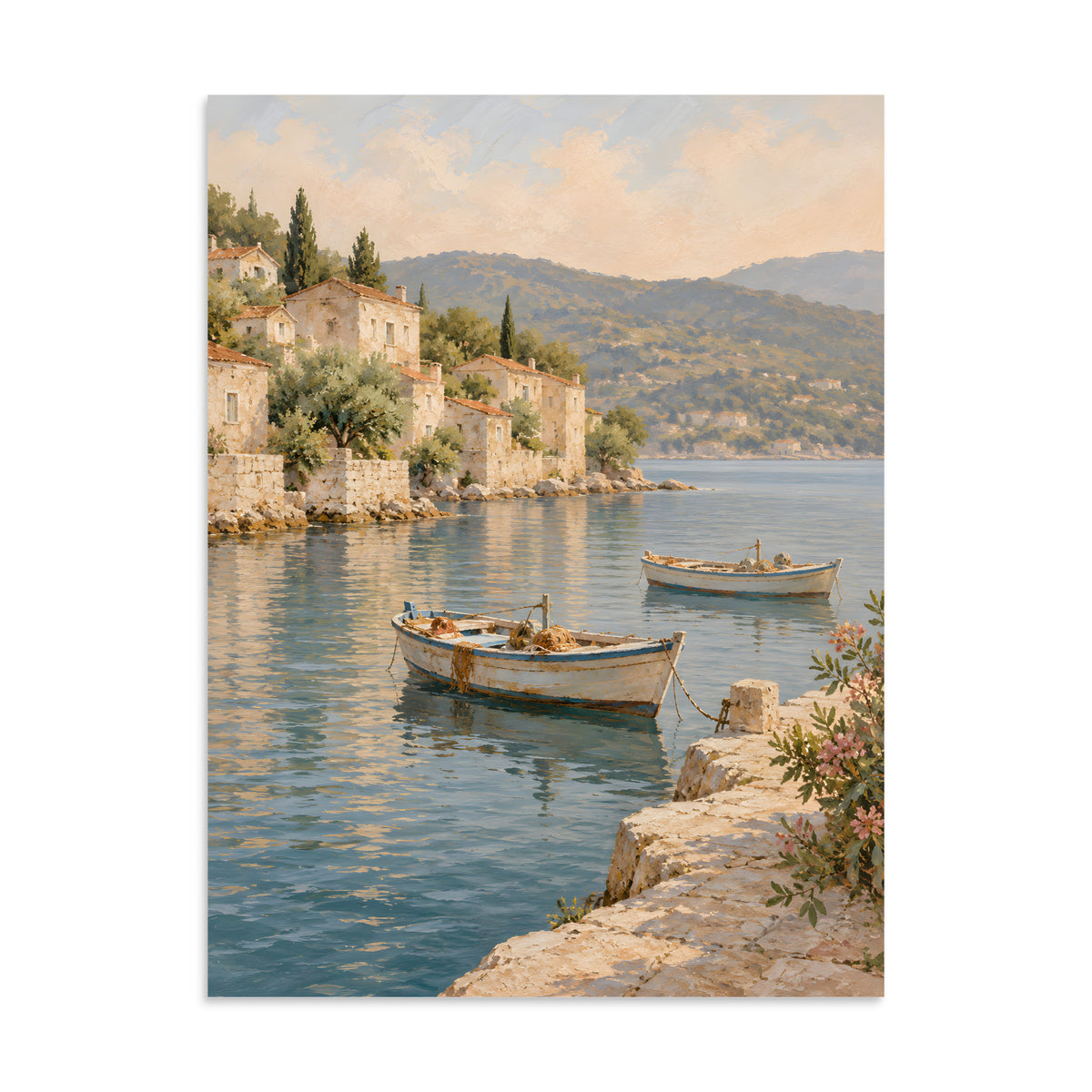 Harbor Hush matte poster, 24 × 32 inches, depicting fishing boats, blue water and sun-washed harbor houses.