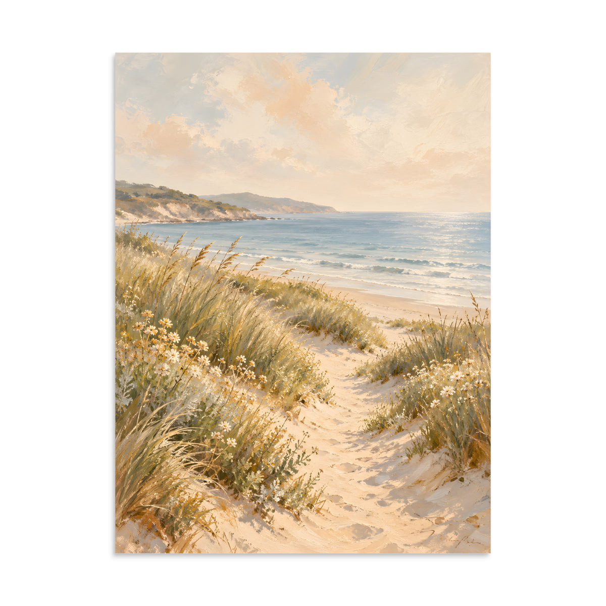Dune Reverie matte poster, 24 × 32 inches, depicting a sandy path, dune grasses and a calm blue shoreline.