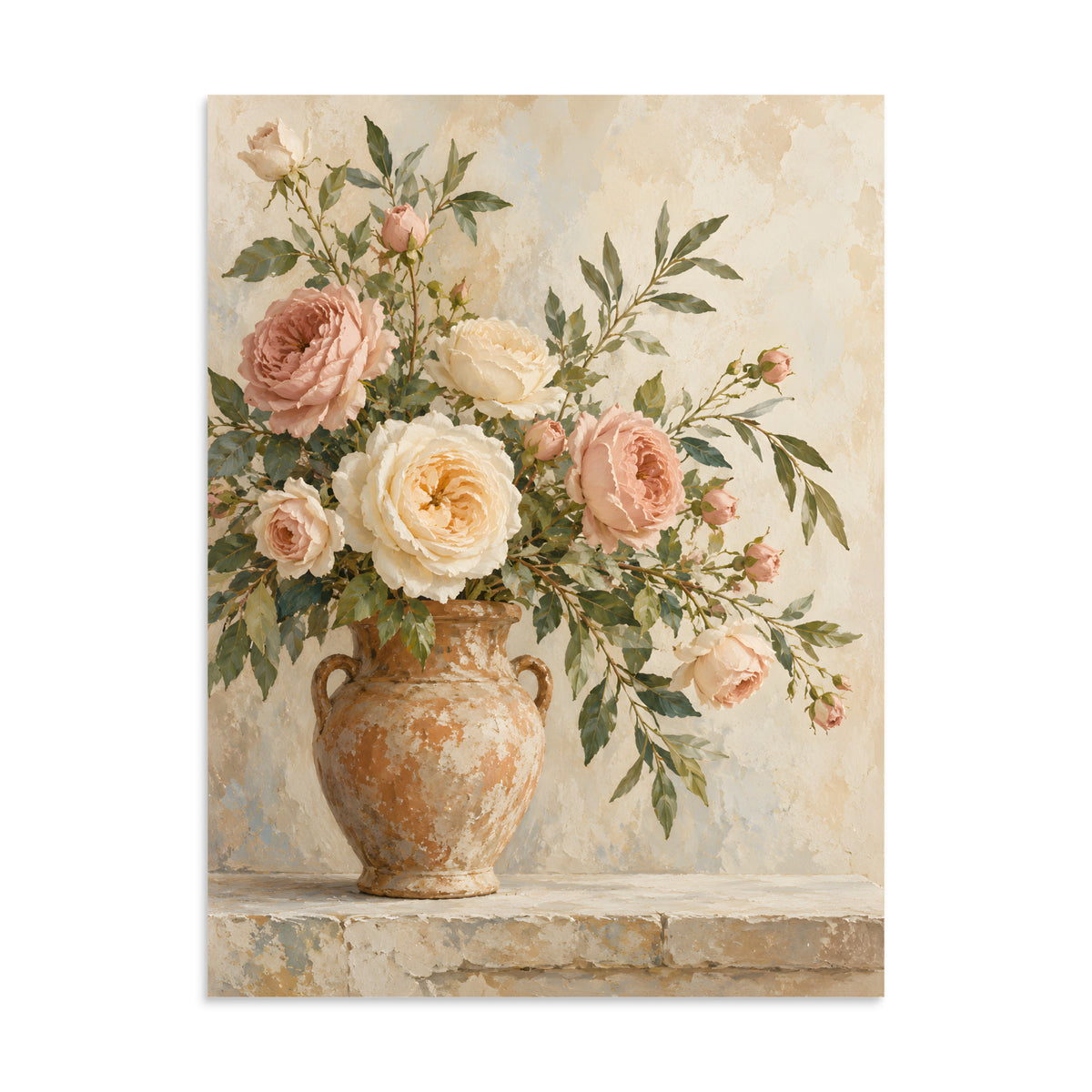 Rosewood Bloom matte poster, 24 × 32 inches, depicting blush and ivory roses in a rustic terracotta vessel.