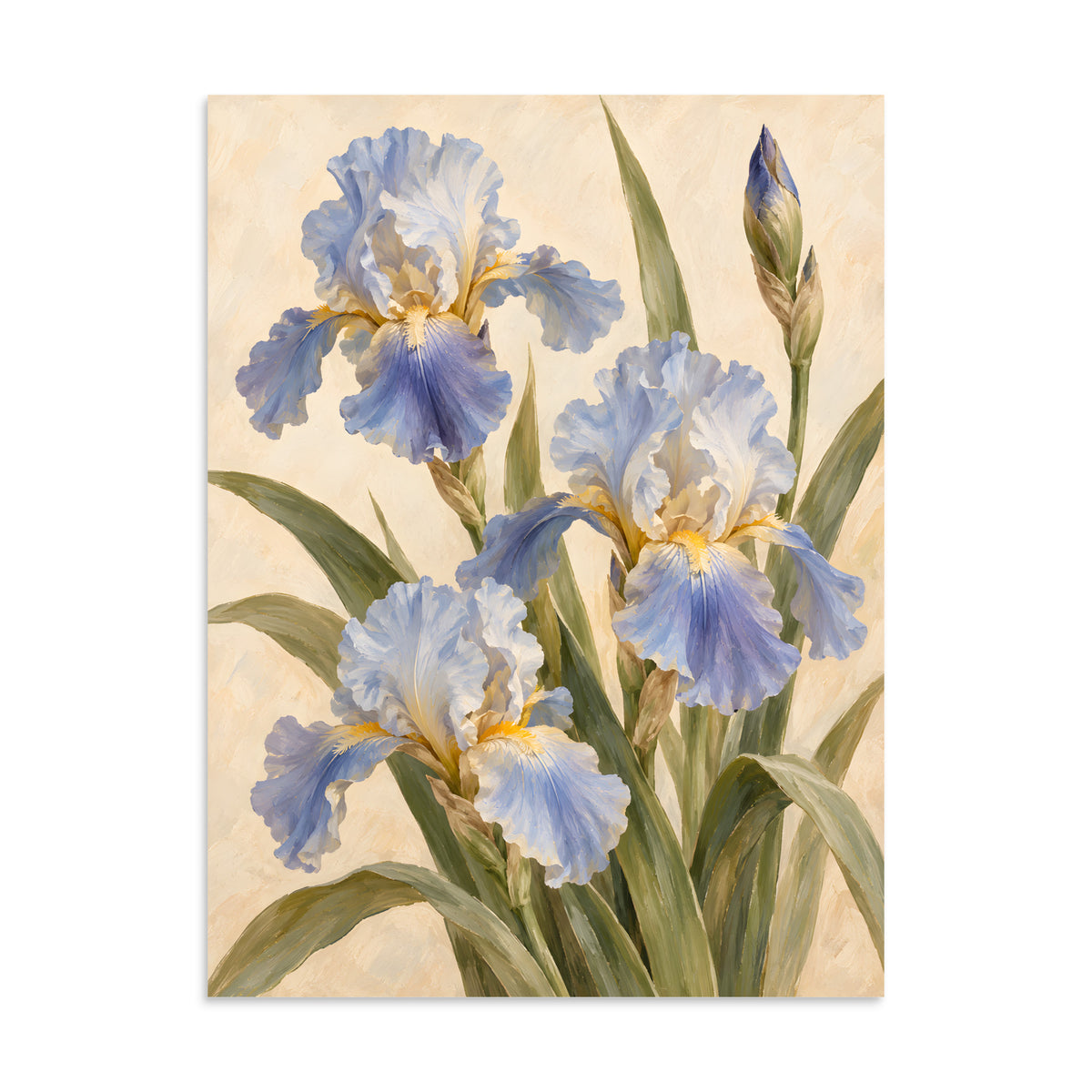 Iris at Dawn matte poster, 24 × 32 inches, depicting blue-violet irises, ivory petals and olive-toned leaves.