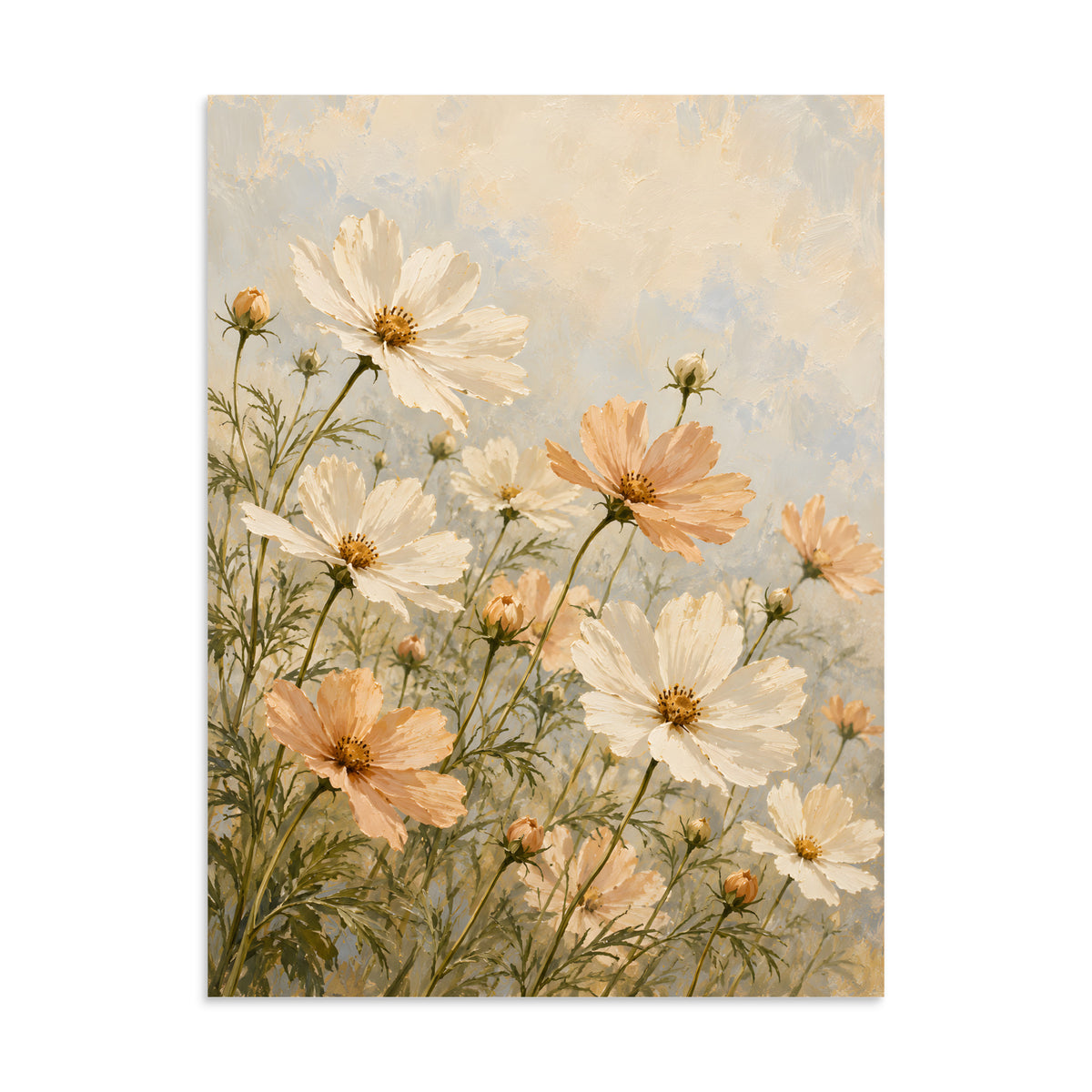 Cosmos Whisper matte poster, 24 × 32 inches, depicting ivory and apricot cosmos flowers against a soft cream background.