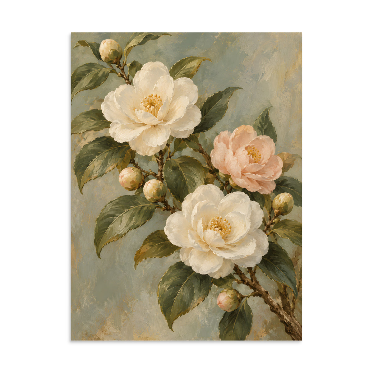 Camellia Light matte poster, 24 × 32 inches, depicting ivory and blush camellias with rich olive foliage.