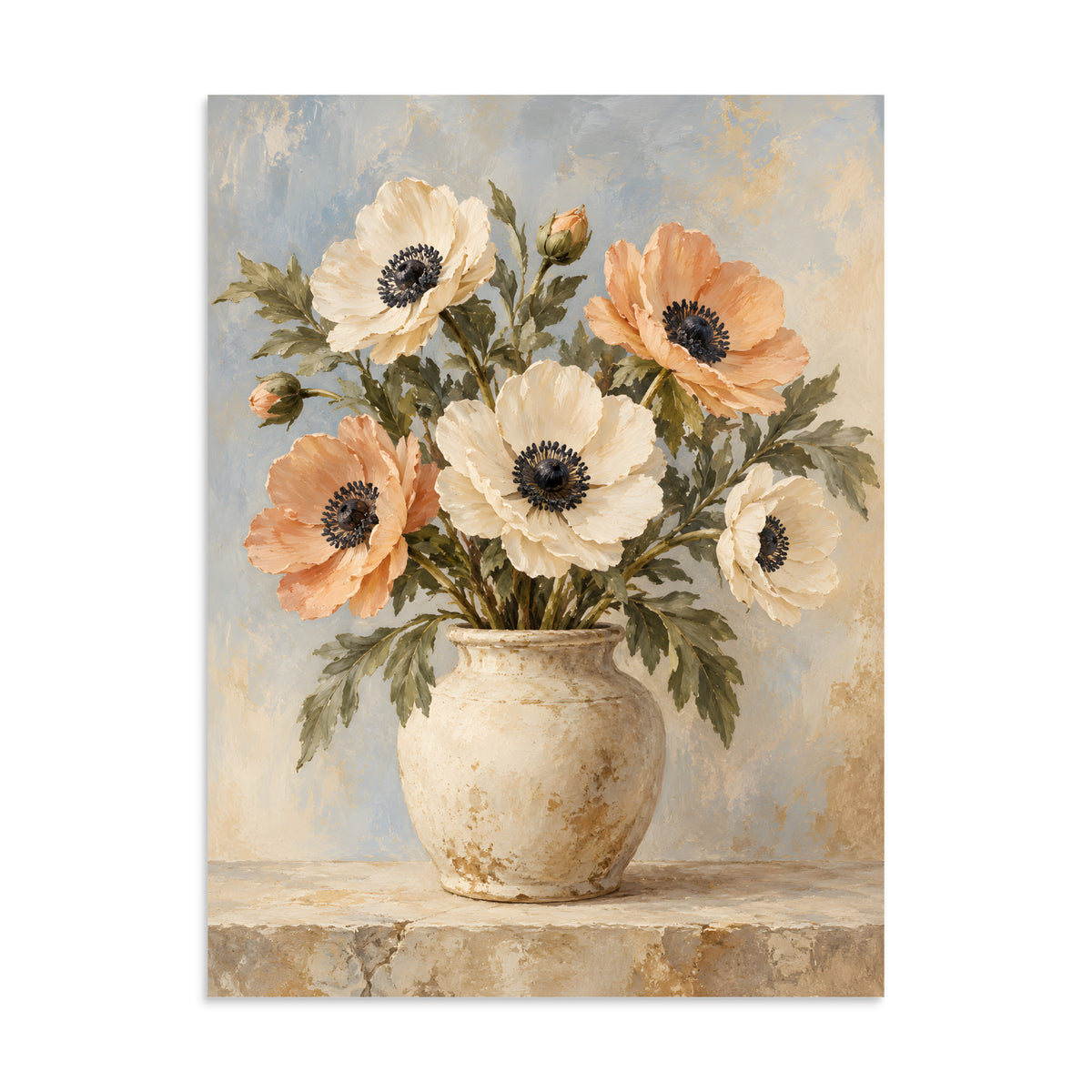 Sunlit Anemones matte poster, 24 × 32 inches, depicting ivory and apricot anemones in a rustic cream vessel.