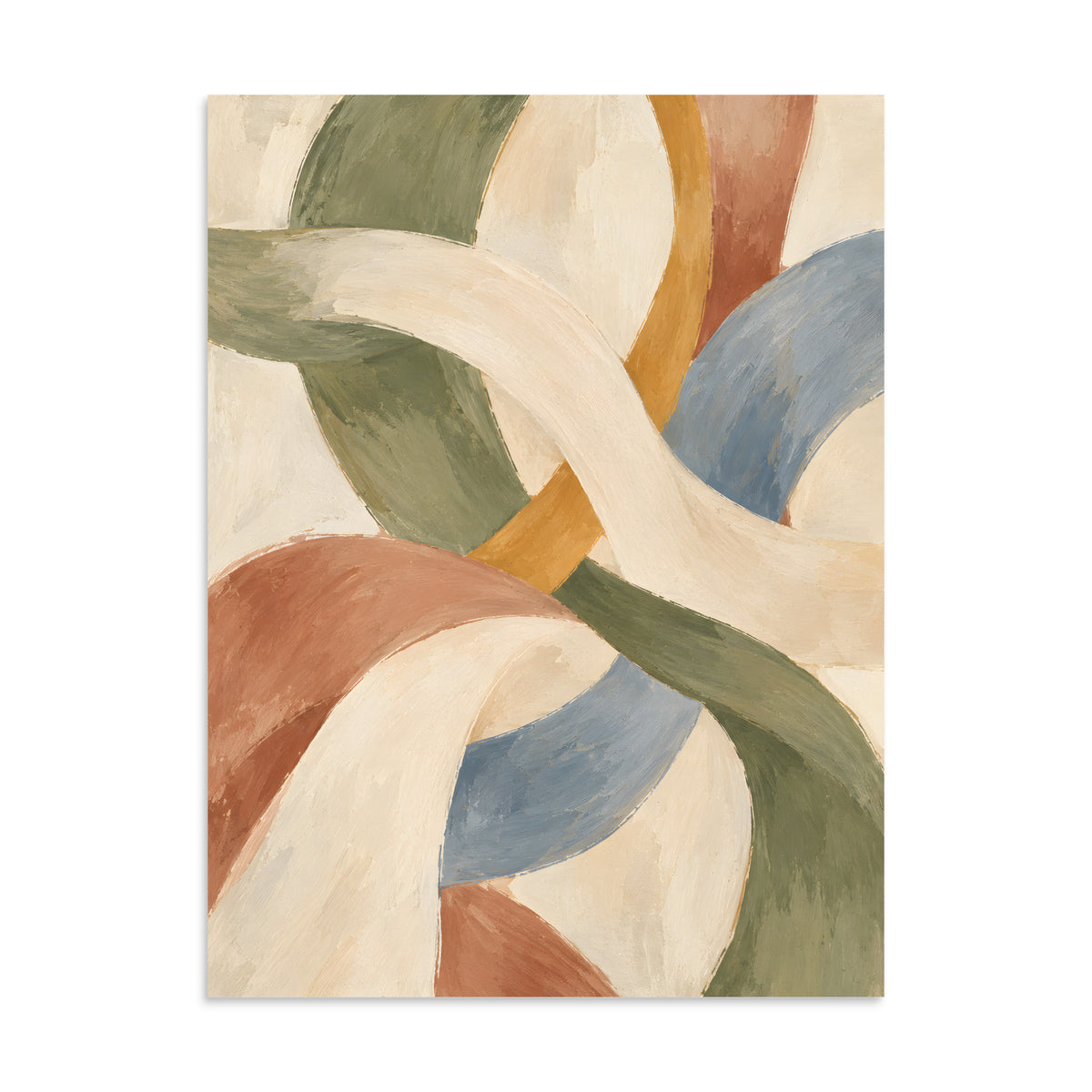 Woven Stillness matte poster, 24 × 32 inches, depicting interwoven curves in olive, clay, dusty blue and ivory.