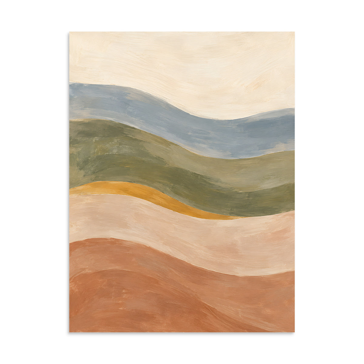 Soft Tides matte poster, 24 × 32 inches, depicting layered abstract waves in dusty blue, olive and warm clay.