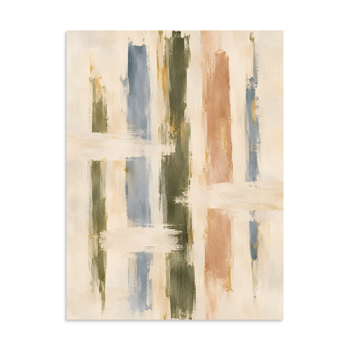 Quiet Intervals matte poster, 24 × 32 inches, depicting textured vertical strokes in olive, dusty blue, clay and ivory.