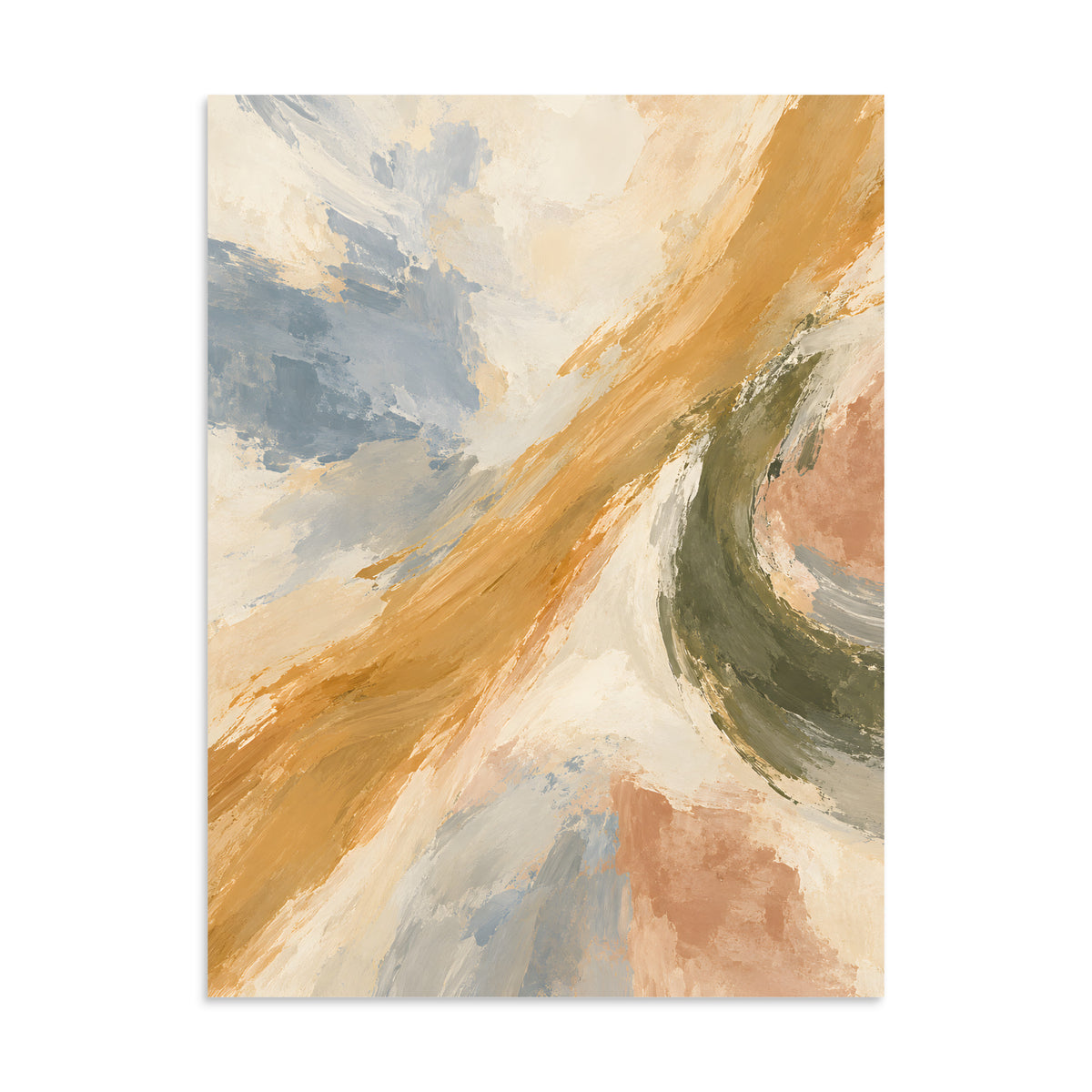 Ochre Drift matte poster, 24 × 32 inches, depicting gestural strokes in golden ochre, dusty blue and olive.