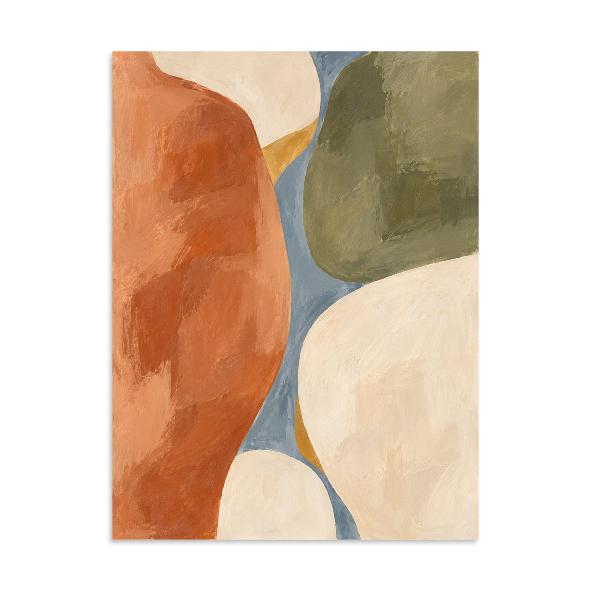 Clay Sonata matte poster, 24 × 32 inches, depicting sculptural organic forms in warm clay, olive and dusty blue.