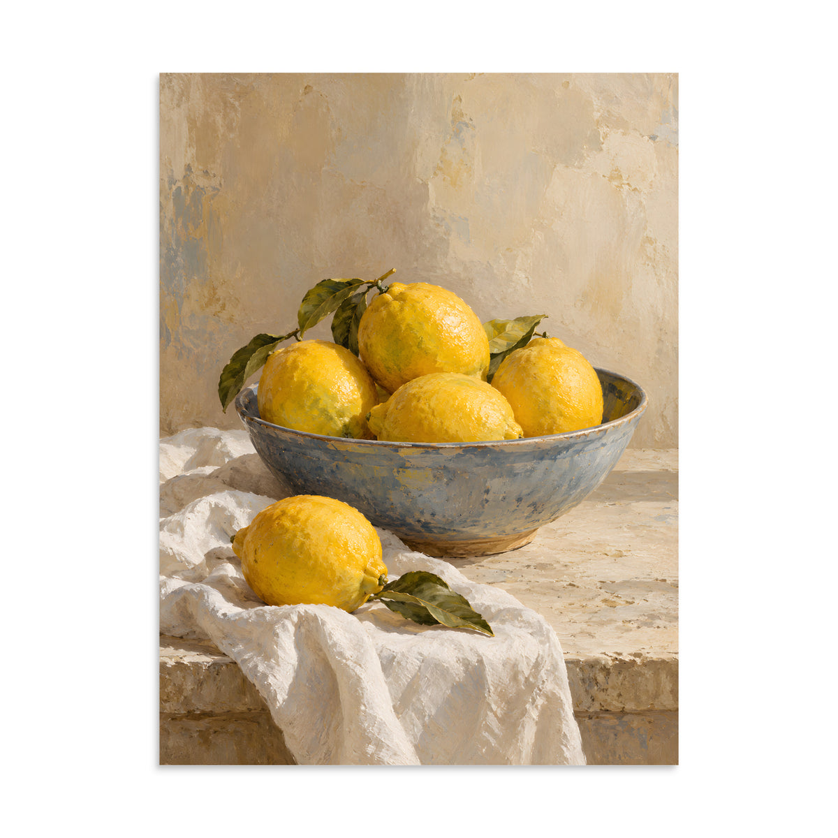 Mediterranean Lemons matte poster, 24 × 32 inches, showing yellow lemons in a blue ceramic bowl on ivory linen