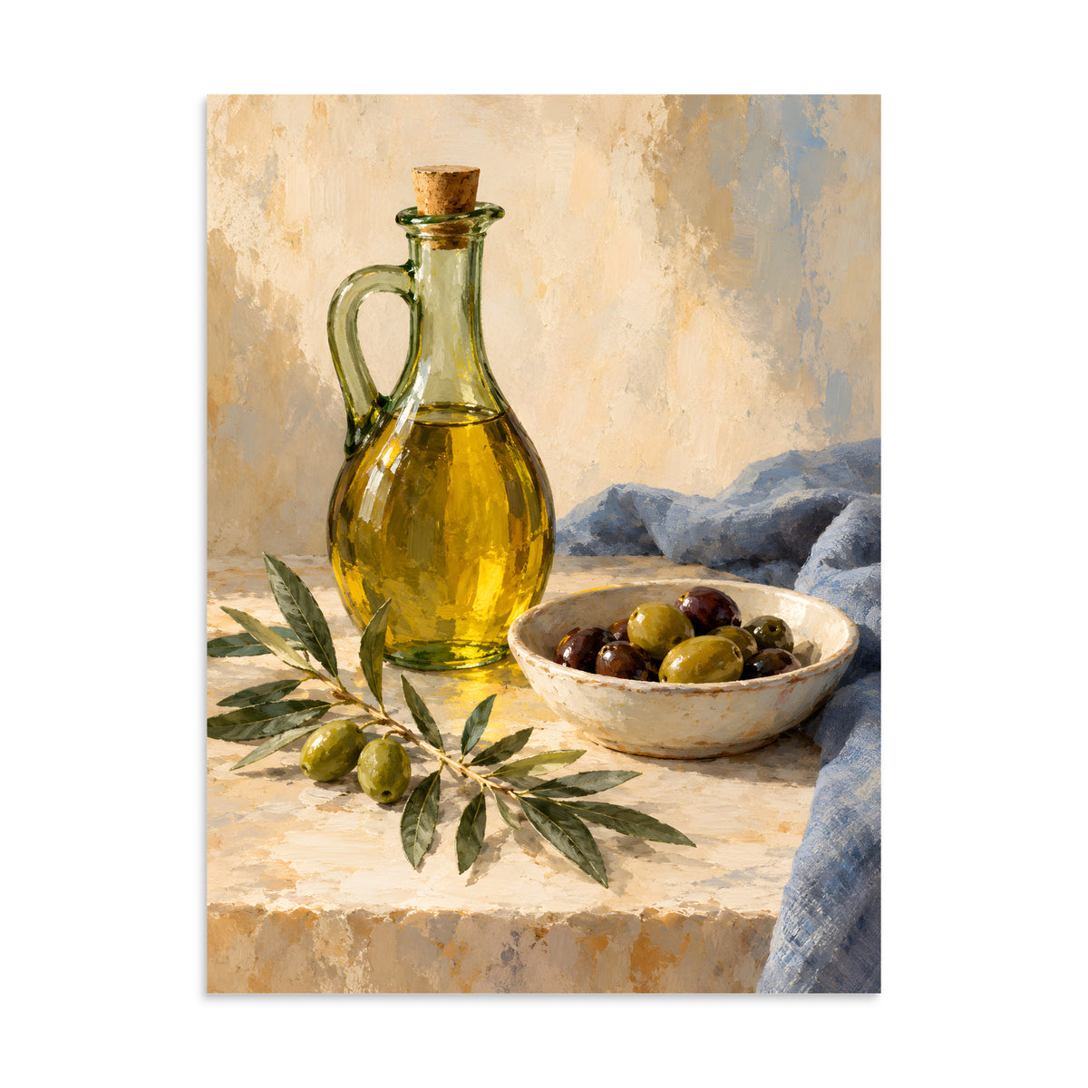 Olive Table matte poster, 24 × 32 inches, showing olive oil, green and dark olives and an olive branch