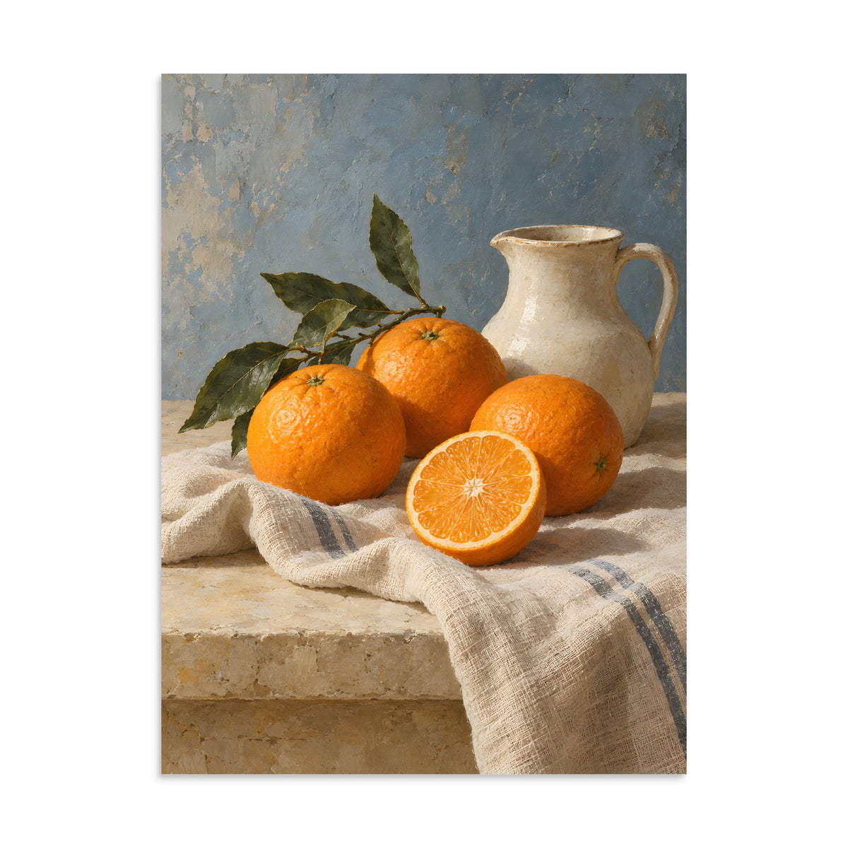Citrus Table matte poster, 24 × 32 inches, showing ripe oranges, leafy branches and a cream ceramic pitcher