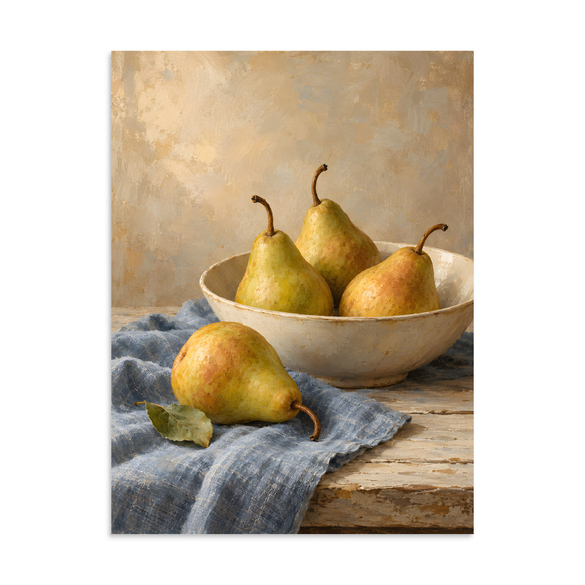 Golden Pears on Blue Linen matte poster, 24 × 32 inches, showing golden pears in a cream bowl on blue linen