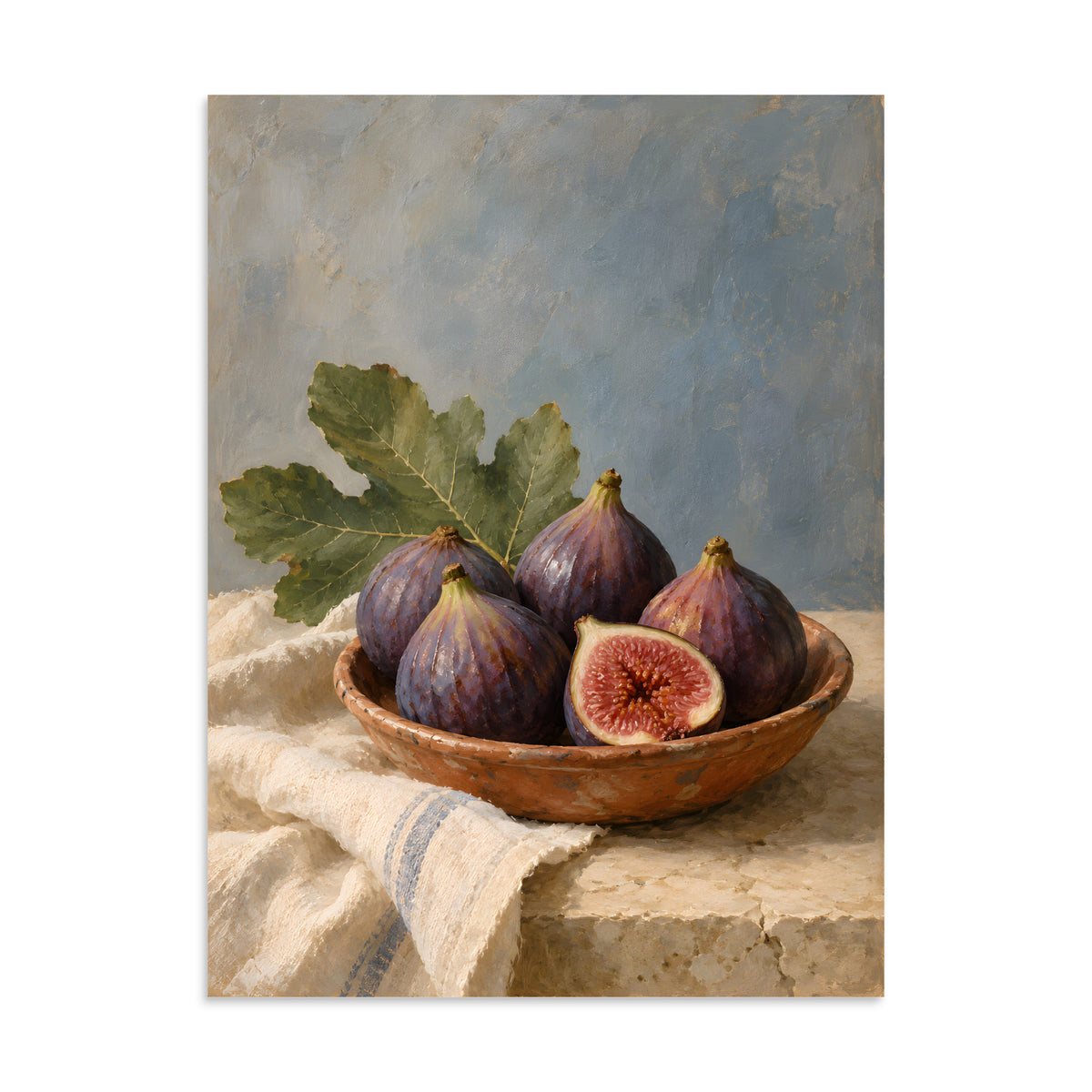 Terracotta Figs on Linen matte poster, 24 × 32 inches, showing purple figs in a terracotta bowl on ivory linen