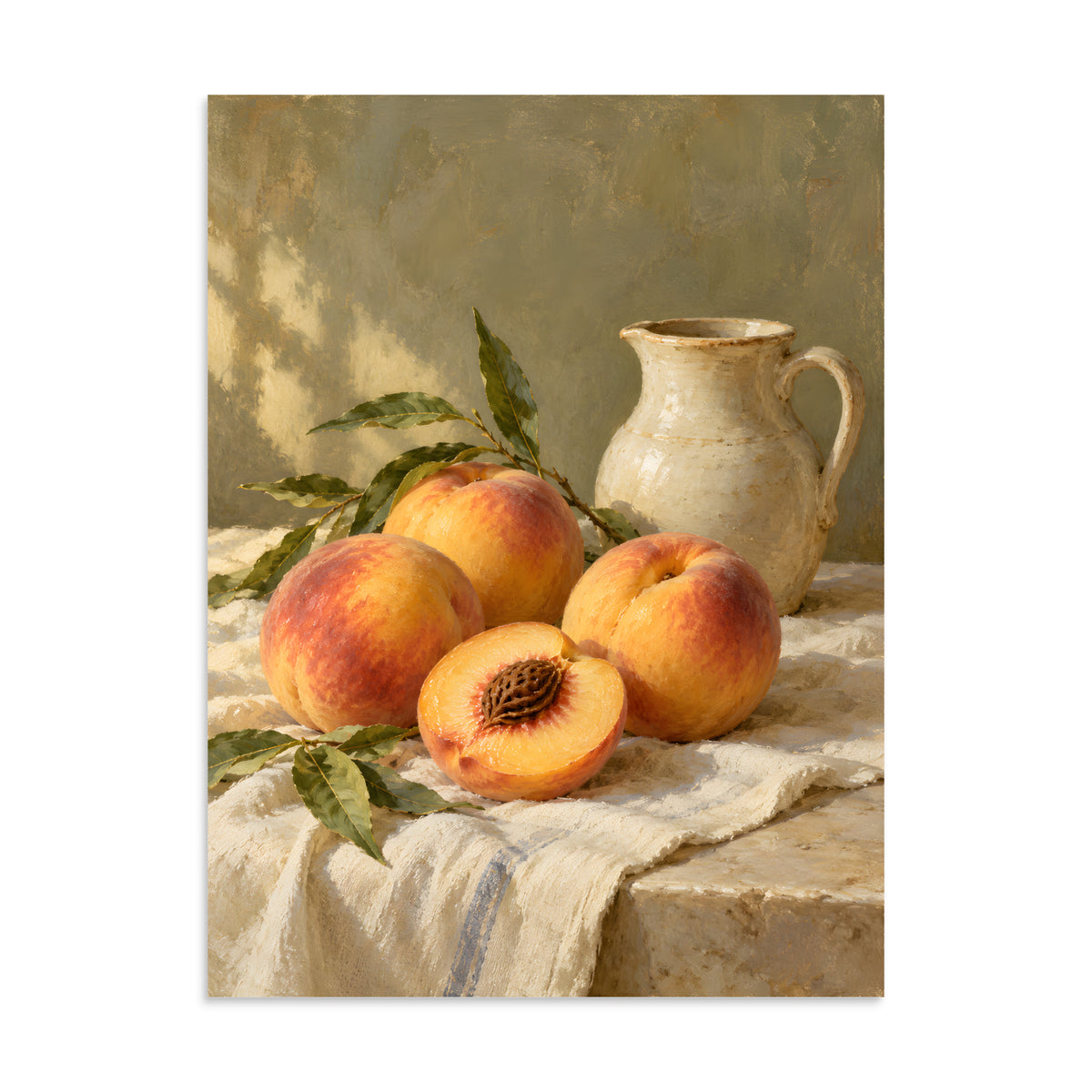 Golden Peaches & Cream matte poster, 24 × 32 inches, showing golden peaches and a cream ceramic pitcher