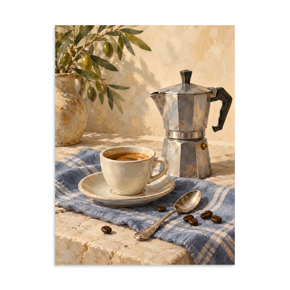 Slow Espresso Morning matte poster, 24 × 32 inches, showing a moka pot, espresso cup and coffee beans on blue linen