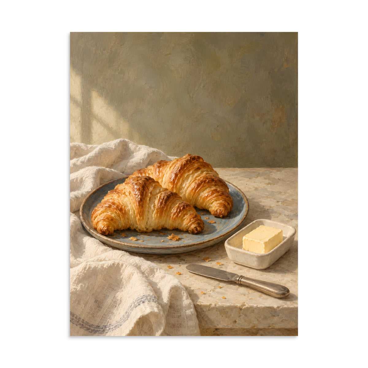 Golden Morning Croissants matte poster, 24 × 32 inches, showing golden croissants, butter and a blue ceramic plate