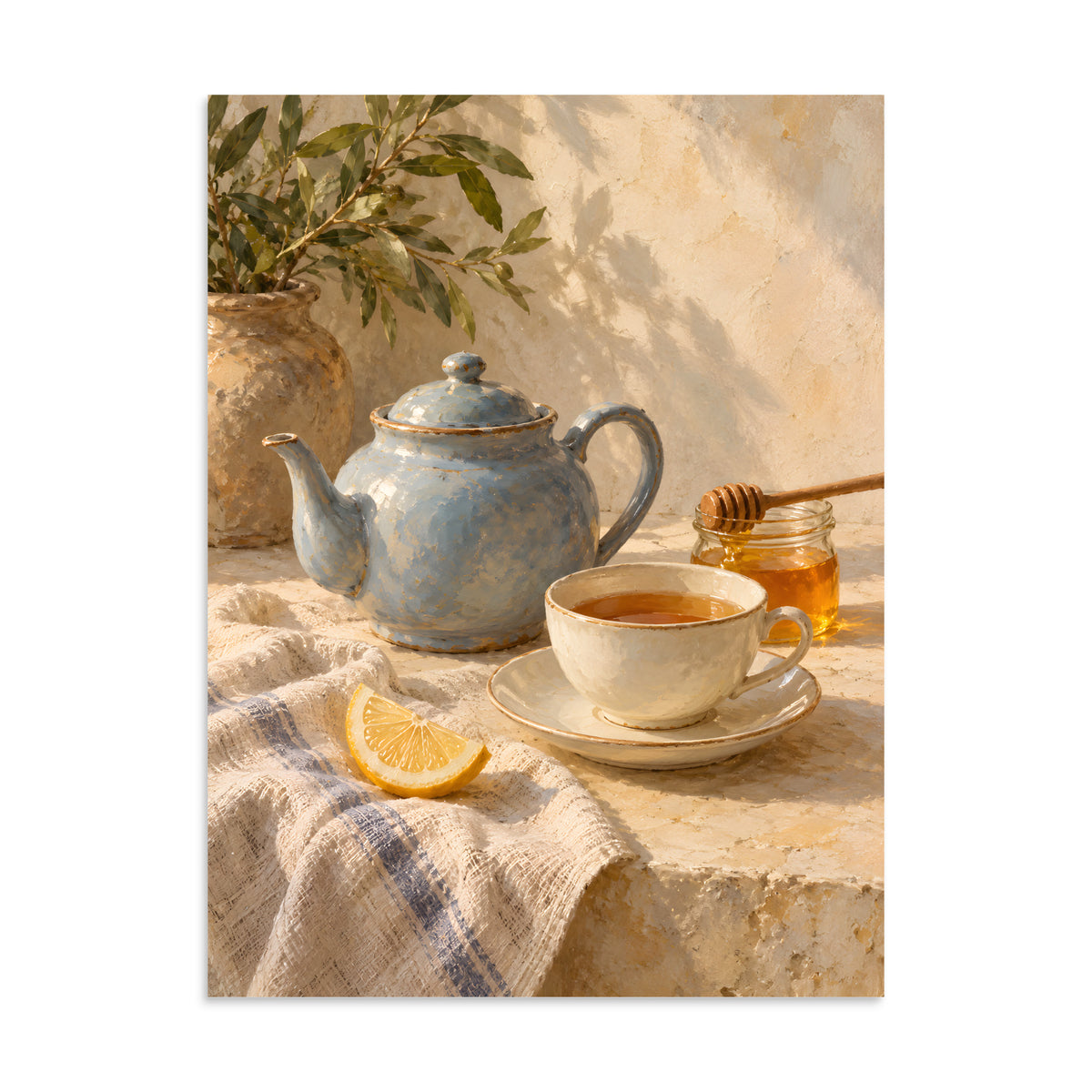Honeyed Morning Tea matte poster, 24 × 32 inches, showing a blue teapot, cream teacup, honey and lemon
