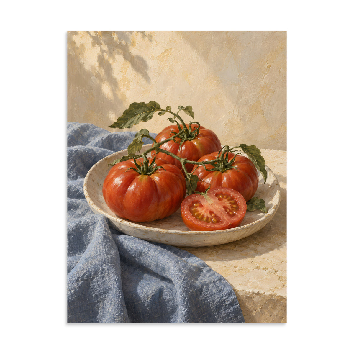 Heirloom Tomatoes on Blue Linen matte poster, 24 × 32 inches, showing red heirloom tomatoes and leafy vines on blue linen