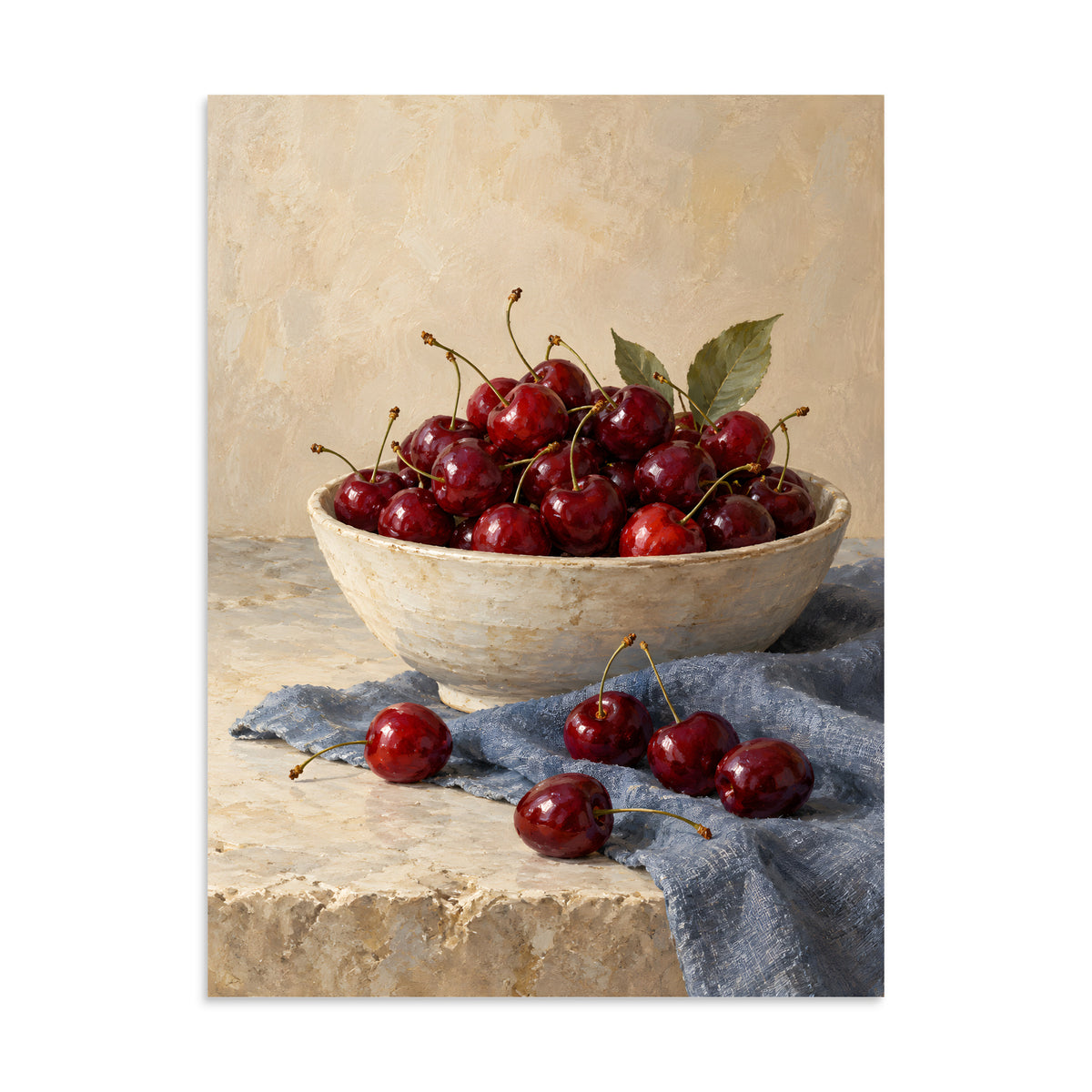 Cherries on Blue Linen matte poster, 24 × 32 inches, showing red cherries in a cream ceramic bowl on blue linen
