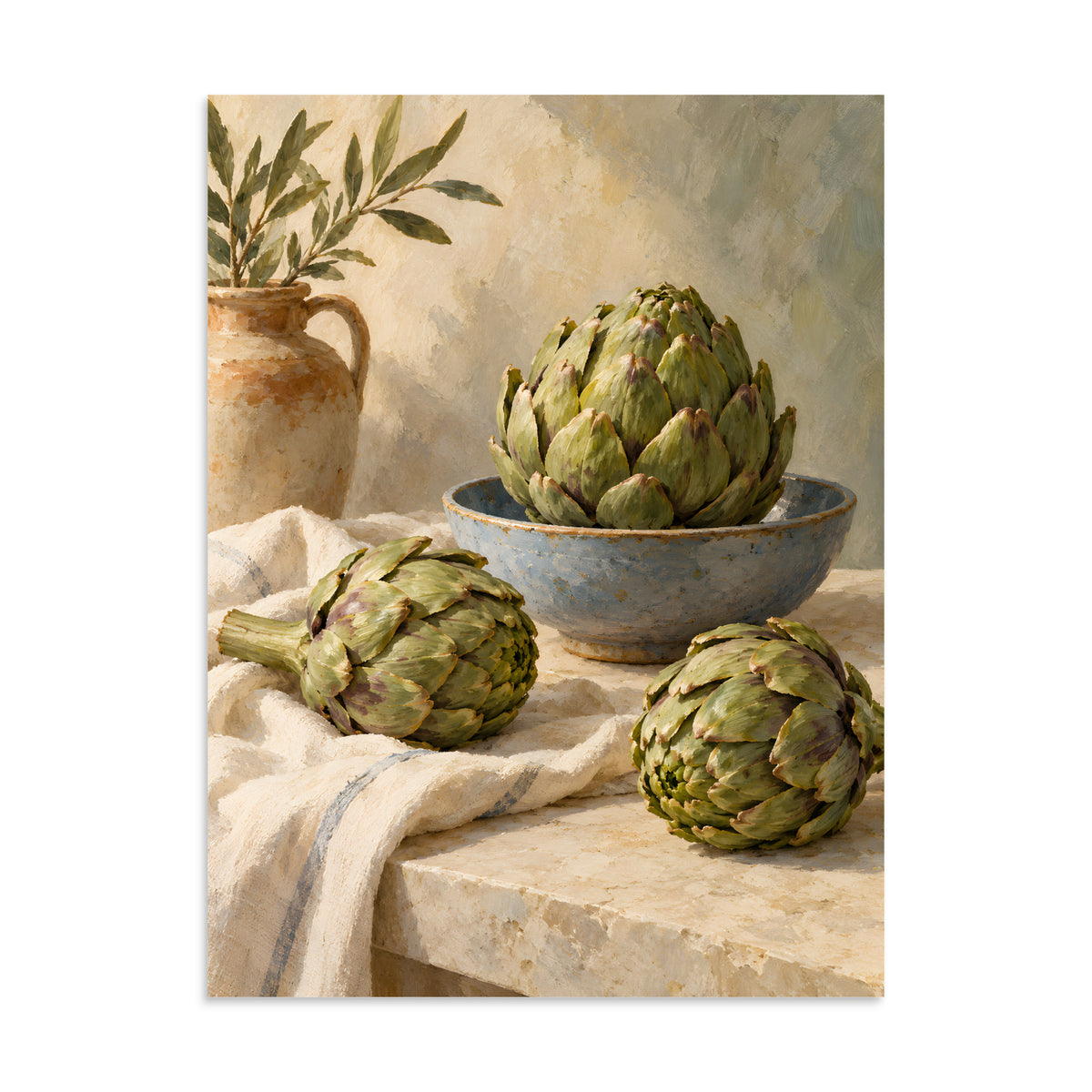 Artichokes on Linen matte poster, 24 × 32 inches, showing green artichokes with a blue ceramic bowl and ivory linen