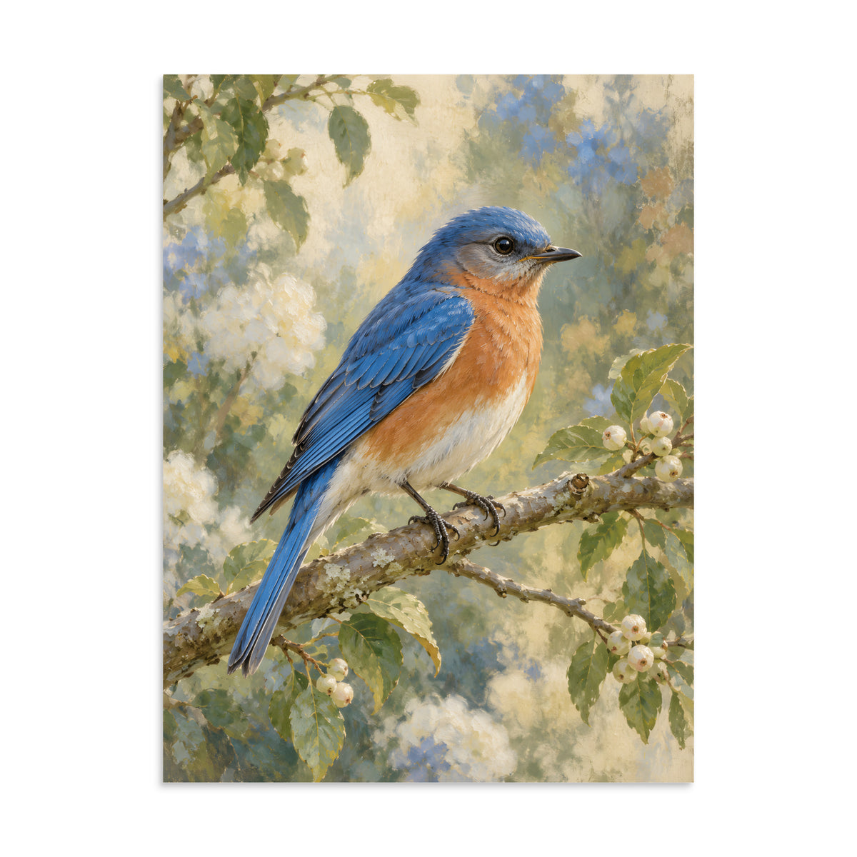 Bluebird on the Garden Branch matte poster, 24 × 32 inches, showing a bluebird perched on a garden branch