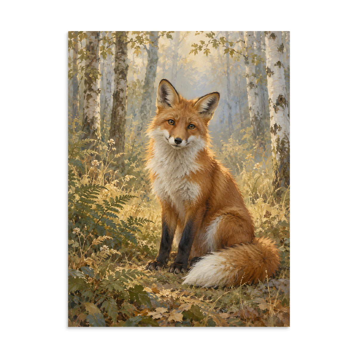 Fox in the Quiet Glade matte poster, 24 × 32 inches, showing a fox resting in a fern-filled glade