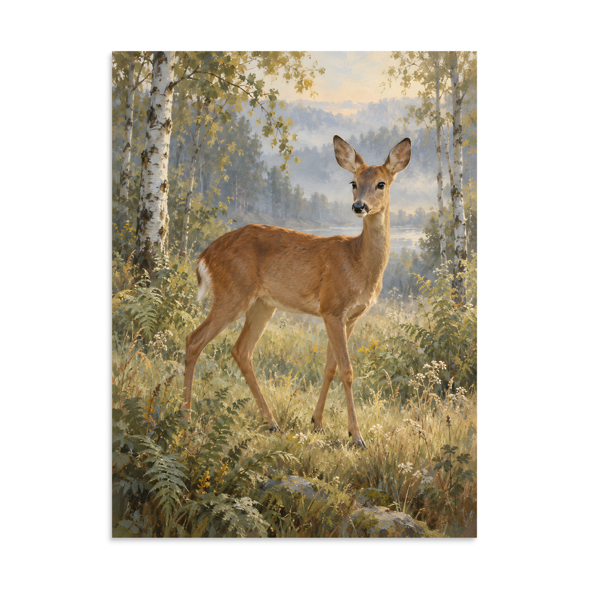 Doe in the Birchwood matte poster, 24 × 32 inches, showing a gentle doe among birch trees