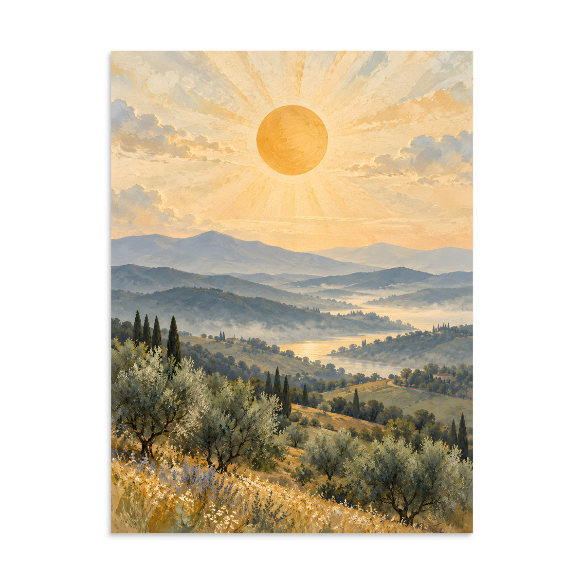 Ochre Sun Over Quiet Hills matte poster, 24 × 32 inches, featuring an ochre sun above rolling hills