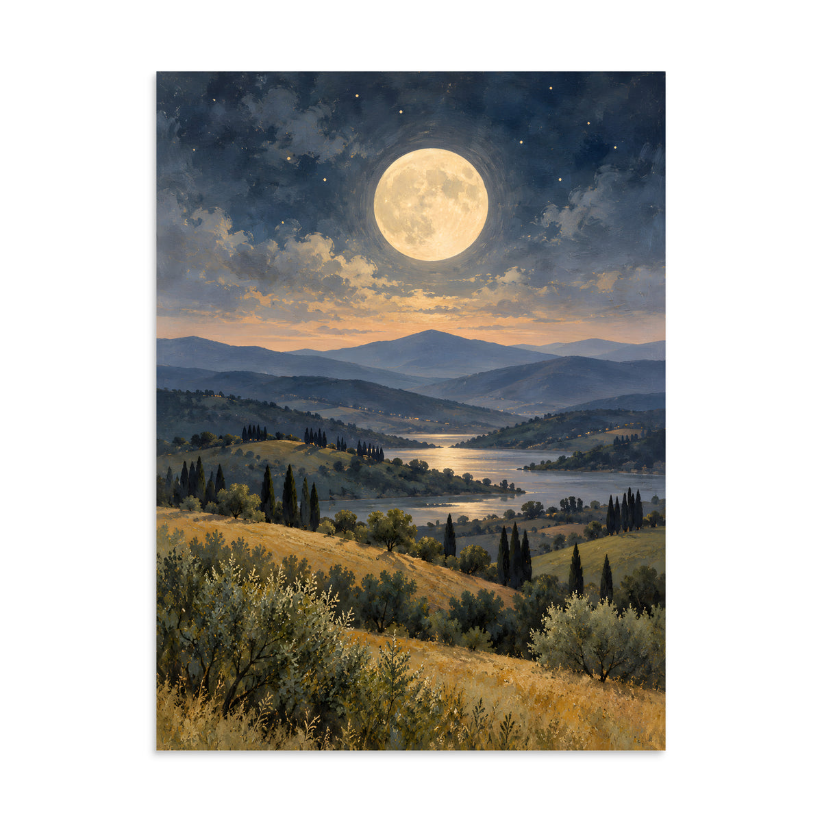 Ivory Moon Over Quiet Hills matte poster, 24 × 32 inches, featuring a full moon above quiet hills