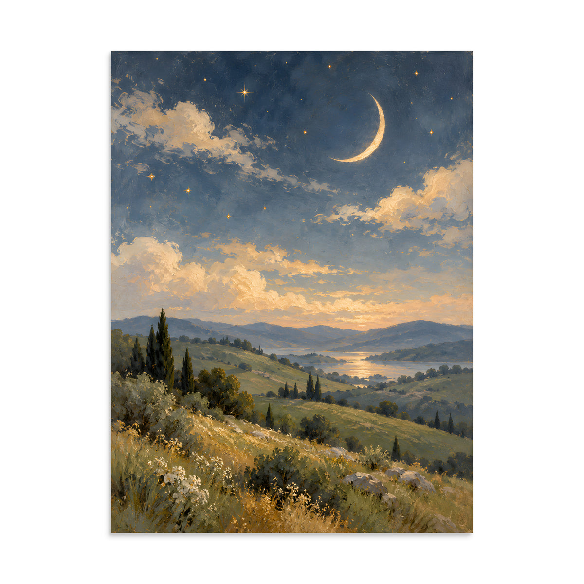 Ivory Crescent Over Sage Hills matte poster, 24 × 32 inches, featuring an ivory crescent above sage hills