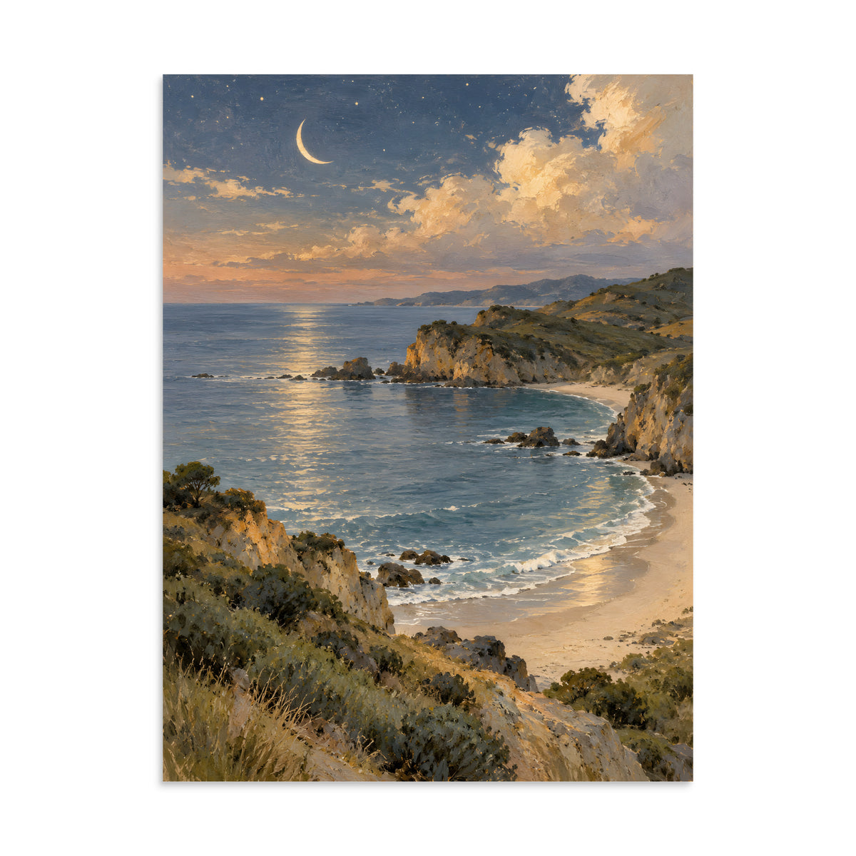 Crescent Moon Over the Quiet Bay matte poster, 24 × 32 inches, featuring a crescent above a coastal bay