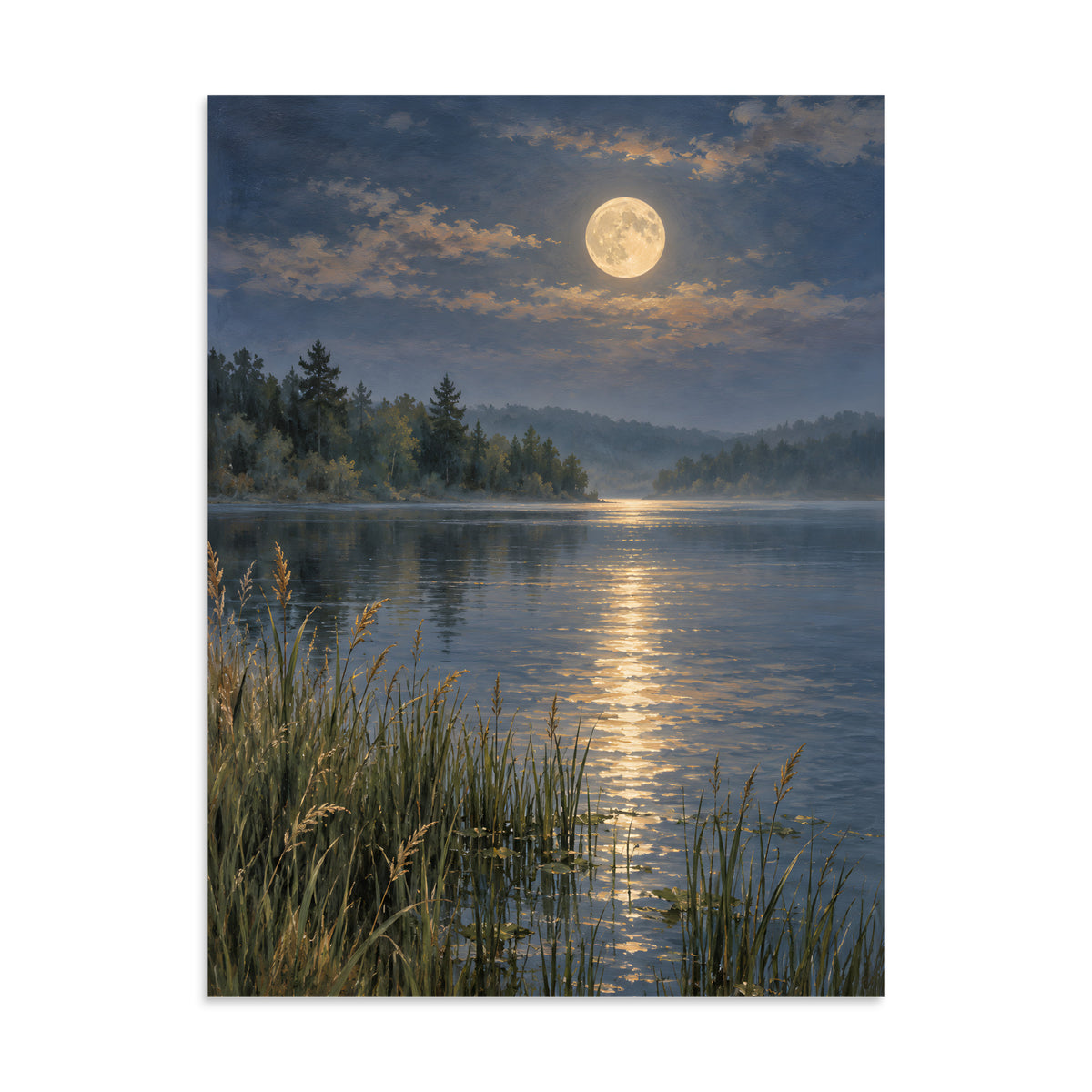 Broken Moonlight on the Still Lake matte poster, 24 × 32 inches, featuring moonlight reflected on a still lake