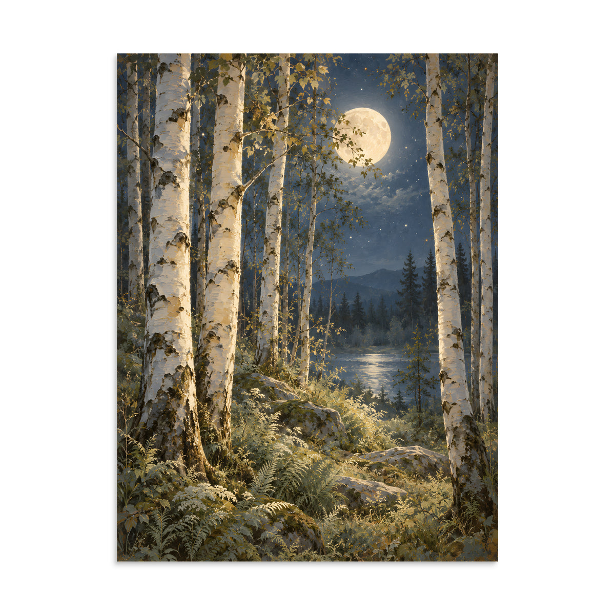 Ivory Moon Among the Birches matte poster, 24 × 32 inches, featuring an ivory moon among pale birches