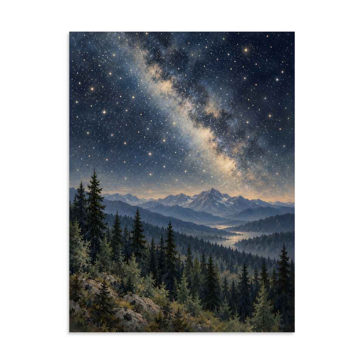 Starlight Over the Pine Valley matte poster, 24 × 32 inches, featuring a star-filled sky over pine forests