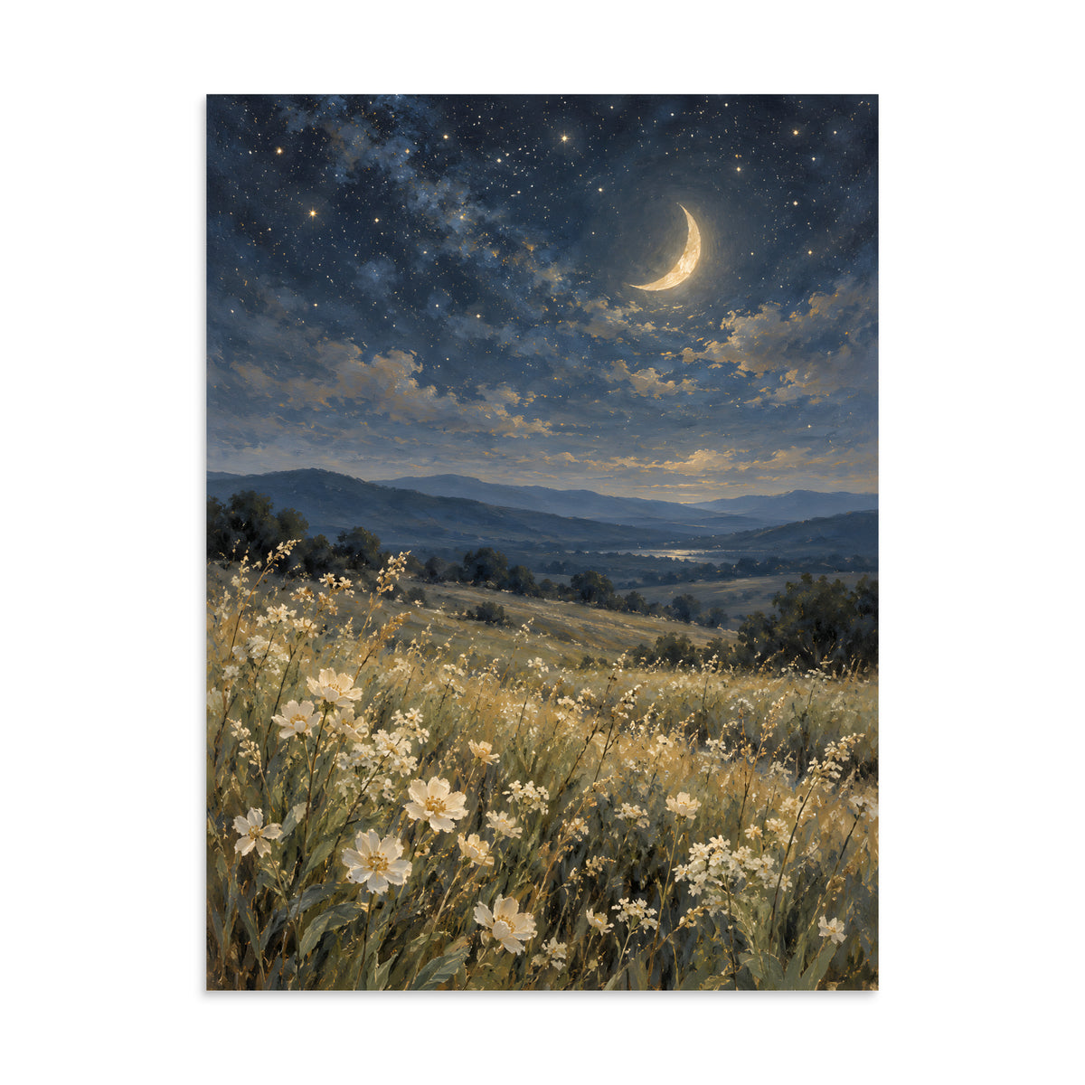 Starry Meadow Beneath a Golden Crescent matte poster, 24 × 32 inches, featuring a crescent above a wildflower meadow