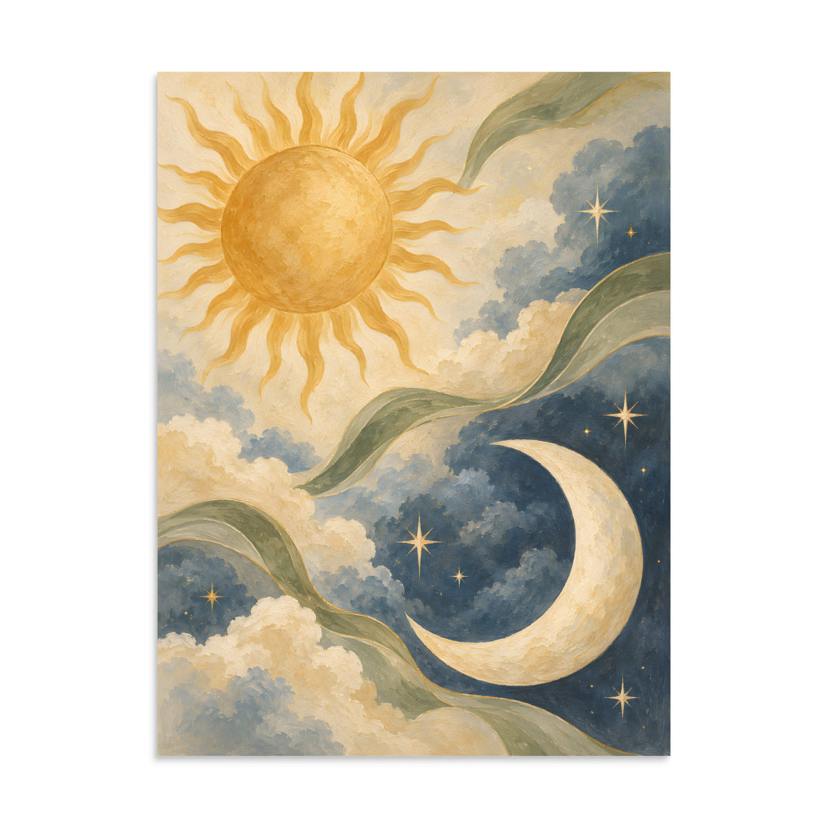 Sun and Crescent in Soft Tones matte poster, 24 × 32 inches, featuring a golden sun and ivory crescent